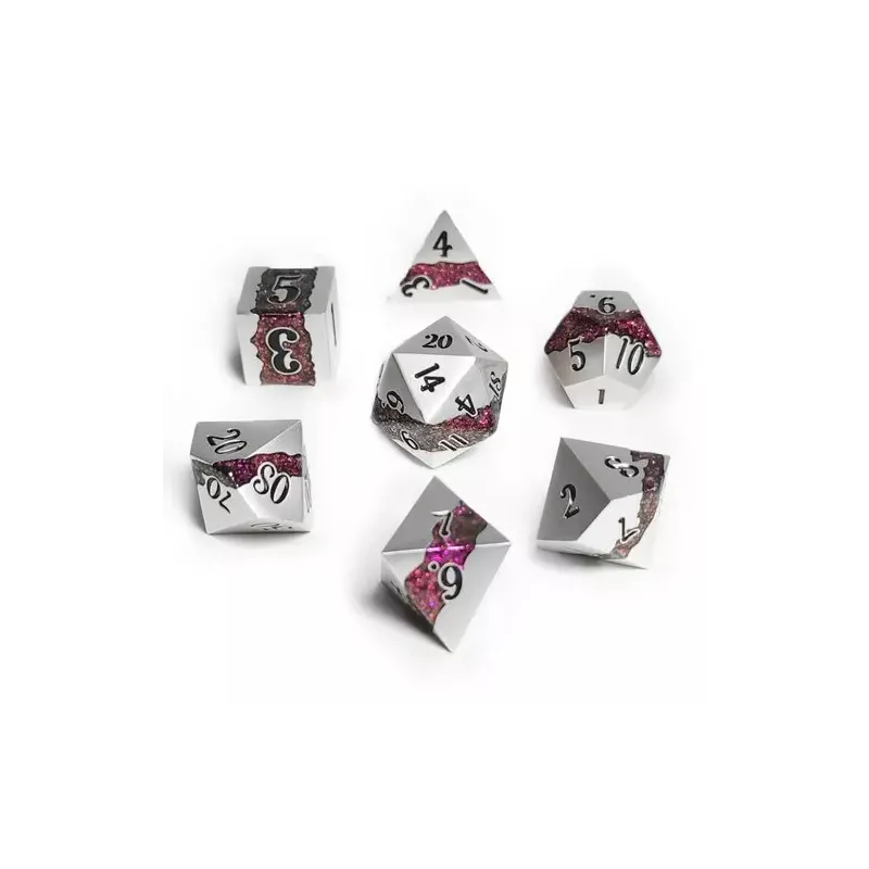 Repliquant - Set de 7 Dès Métal - Eldhraun - Nickel Paillettes Rouge et Rose